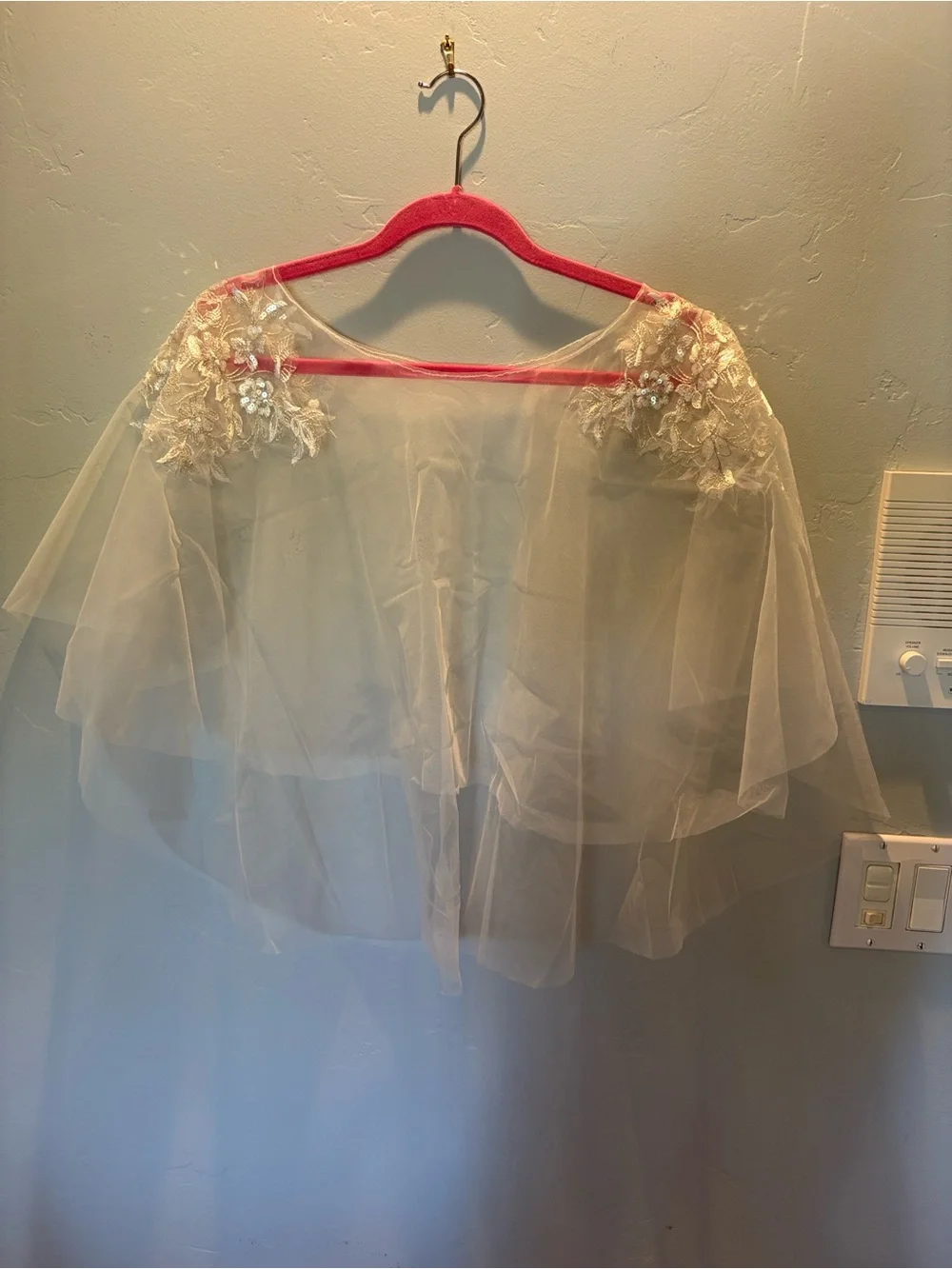 Embroidered Bridal Cape with Floral Lace Applique with Sequins - Cream/White - Picture 7 of 9